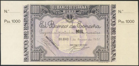 1000 Pesetas. 1 de Enero de 1937. Billete no emitido. Sucursal de Bilbao, antefirma Banco Urquijo Vascongado. Sin serie y sin numeración, con ambas ma...