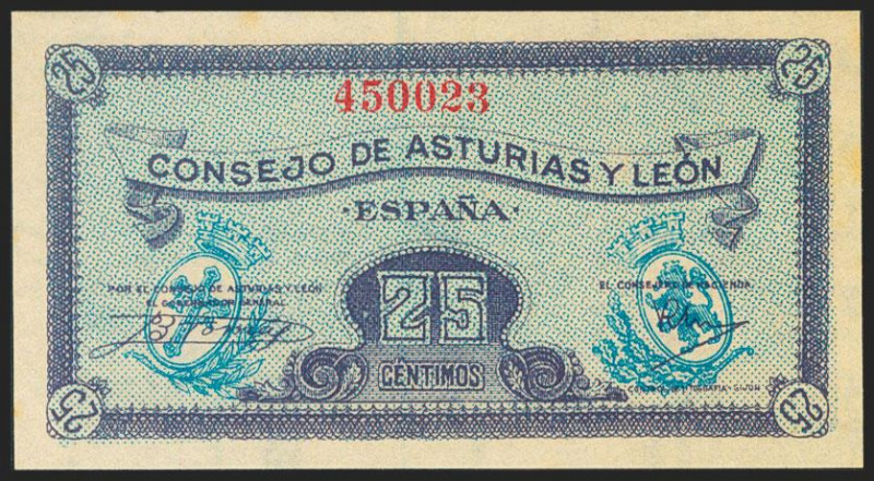 25 Céntimos. 1937. Asturias y León. Sin serie. (Edifil 2021: 394). Apresto origi...