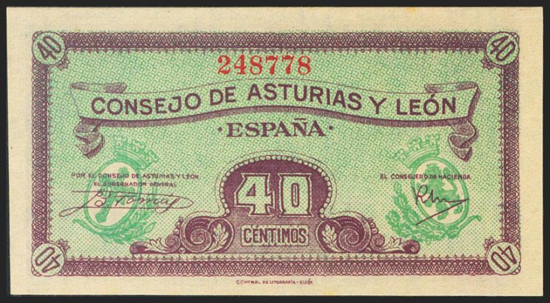 40 Céntimos. 1937. Asturias y León. Sin serie. (Edifil 2021: 395). Apresto origi...