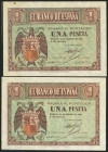 Conjunto de 2 billetes de 1 Peseta emitidos el 28 de Febrero de 1938, con las series A y D, respectivamente. (Edifil 2021: 427), presentan apresto ori...