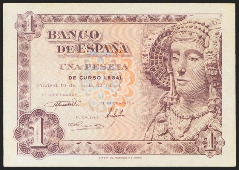 1 Peseta. 19 de Junio de 1948. Sin serie. (Edifil 2021: 457). Apresto original. ...
