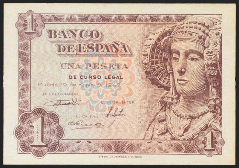 1 Peseta. 19 de Junio de 1948. Serie Ñ, sólo existe en este billete. (Edifil 202...