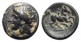 Kings of Macedon, Philip II (359-336). Æ (17mm, 4.85g, 5h). Uncertain mint. Head of Apollo r., wearing tainia. R/ Youth on horseback r.; symbol below....