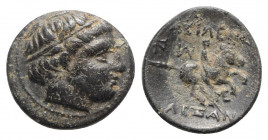 Kings of Macedon, Alexander III ‘the Great’ (336-323 BC). Æ (19mm, 4.43g, 9h). Miletos, c. 323-319. Diademed head of Apollo r. R/ Horseman riding r.; ...