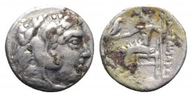 Kings of Macedon, Alexander III “the Great” (336-323 BC). AR Drachm (17mm, 3.69g, 9h). Uncertain mint. Head of Herakles r., wearing lion's skin. R/ Ze...