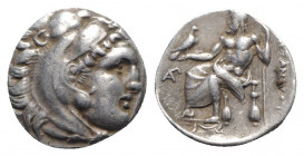 Kings of Macedon, Philip III Arrhidaios (323-317 BC). AR Drachm (17mm, 4.26g, 9h). In the name of Alexander III. Lampsakos. Head of Herakles r., weari...