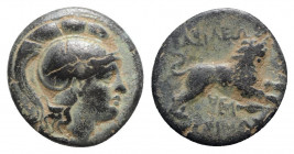 Kings of Thrace, Lysimachos (305-281 BC). Æ (19mm, 4.57g, 6h). Helmeted head of Athena r. R/ Lion leaping r.; kerykeion, monogram and spear-head below...