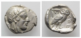 Attica, Athens, c. 460-454 BC. AR Tetradrachm (27mm, 17.26g, 5h). Head of Athena r., wearing crested Attic helmet decorated with three olive leaves an...