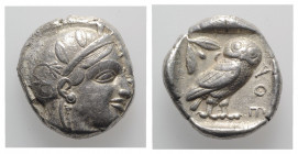Attica, Athens, c. 460-454 BC. AR Tetradrachm (24mm, 17.17g, 2h). Head of Athena r., wearing crested Attic helmet decorated with three olive leaves an...