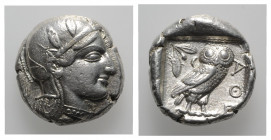 Attica, Athens, c. 454-404 BC. AR Tetradrachm (24mm, 17.21g, 1h). Head of Athena r., wearing crested Attic helmet decorated with three olive leaves an...