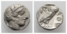 Attica, Athens, c. 454-404 BC. AR Tetradrachm (23mm, 17.16g, 9h). Head of Athena r., wearing crested Attic helmet decorated with three olive leaves an...