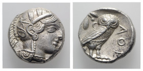Attica, Athens, c. 454-404 BC. AR Tetradrachm (23mm, 17.21g, 9h). Head of Athena r., wearing crested Attic helmet decorated with three olive leaves an...