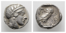 Attica, Athens, c. 454-404 BC. AR Tetradrachm (23mm, 17.20g, 11h). Head of Athena r., wearing crested Attic helmet decorated with three olive leaves a...
