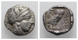 Attica, Athens, c. 454-404 BC. AR Tetradrachm (25mm, 17.19g, 6h). Head of Athena r., wearing crested Attic helmet decorated with three olive leaves an...
