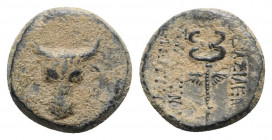 Kings of Paphlagonia, Pylaimenes (c. 130 BC). Æ (17mm, 3.71g, 12h). Facing bull's head. R/ Winged caduceus. RG 3; SNG BM Black Sea 1555; SNG von Auloc...