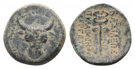 Kings of Paphlagonia, Pylaimenes (c. 130 BC). Æ (17mm, 3.30g, 12h). Facing bull's head. R/ Winged caduceus. RG 3; SNG BM Black Sea 1555; SNG von Auloc...