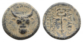 Kings of Paphlagonia, Pylaimenes (c. 130 BC). Æ (17mm, 3.90g, 12h). Facing bull's head. R/ Winged caduceus. RG 3; SNG BM Black Sea 1555; SNG von Auloc...