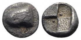 Paphlagonia, Sinope, c. 490-425 BC. AR Drachm (15mm, 4.70g). Head of sea-eagle l.; below, dolphin l. R/ Quadripartite incuse square with two opposing ...