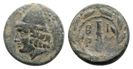 Troas, Birytis, 4th-3rd centuries BC. Æ (18mm, 5.60g, 6h). Head of Kabeiros l., wearing pileos; two stars above. R/ Club within wreath. BMC 1; SNG Cop...