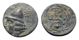 Troas, Birytis, 4th-3rd centuries BC. Æ (12mm, 1.31g, 6h). Head of Kabeiros l., wearing pileos; two stars above. R/ Club within wreath. BMC 1; SNG Cop...