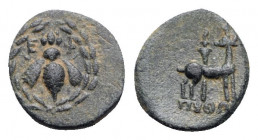 Ionia, Ephesos, c. 50-27 BC. Æ (14mm, 2.71g, 12h). Python, magistrate. Bee with straight wings within wreath. R/ Stag standing r., head l.; torch abov...