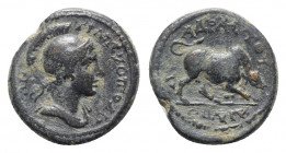 Caria, Trapezopolis. Pseudo-autonomous issue, time of Antoninus Pius (138-161). Æ (16mm, 2.93g, 6h). Po. Ai. (or Poli?) Adrastos, magistrate. Helmeted...