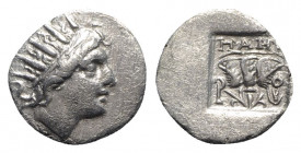 Island of Caria, Rhodes, c. 88-84 BC. AR Drachm (15.5mm, 1.59g, 12h). Maes, magistrate. Radiate head of Helios r. R/ Rose with bud to r. within incuse...