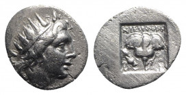 Island of Caria, Rhodes, c. 88-84 BC. AR Drachm (17mm, 2.18g, 11h). Nikephoros, magistrate. Radiate head of Helios r. R/ Rose with bud to r.; hand hol...