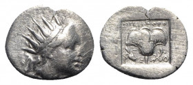 Island of Caria, Rhodes, c. 88-84 BC. AR Drachm (16mm, 1.95g, 11h). Nikephoros, magistrate. Radiate head of Helios r. R/ Rose with bud to r.; hand hol...