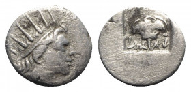 Islands of Caria, Rhodes, c. 88-84 BC. AR Drachm (15mm, 2.32g, 11h). Radiate head of Helios r. R/ Rose with bud to r.; hand holding grain ear to lower...