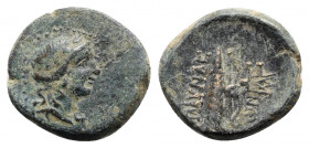 Lydia, Blaundos, 2nd-1st century BC. Æ (19mm, 5.86g, 12h). Laureate head of Apollo r. R/ Quiver and bow; monogram to r. GRPC 26; SNG Munich 75-7. Gree...