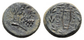 Lydia, Philadelphia, 2nd-1st century BC. Æ (17mm, 5.80g, 12h). Head of Zeus r., wearing tainia. R/ Kithara; monogram above, all within wreath. GRPC 21...