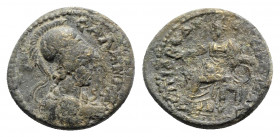 Lydia, Sala. Pseudo-autonomous, time of Antoninus Pius (138-161). Æ (18mm, 3.84g, 6h). Androneikos Salamonos, magistrate. Helmeted head of Athena r., ...
