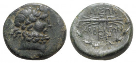 Phrygia, Abbaitis, 2nd-1st century BC. Æ (21mm, 9.54g, 12h). Laureate head of Zeus r. R/ Winged thunderbolt; monogram below; all within oak wreath. BM...