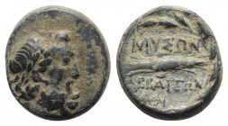 Phrygia, Abbaitis, 2nd-1st century BC. Æ (21mm, 8.29g, 12h). Laureate head of Zeus r. R/ Winged thunderbolt; monogram below; all within oak wreath. BM...