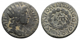 Phrygia, Hierapolis. Pseudo-autonomous, time of Elagabalus (218-222). Æ (23mm, 5.67g, 12h). Radiate and draped bust of Helios-Lairbenos r. R/ AK/TIA a...
