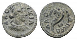 Phrygia, Laodicea ad Lycum. Pseudo-autonomous issue, uncertain reign. Æ (17mm, 3.14g, 6h). ΛΑΟΔIKIA, Turreted and draped bust of Tyche r. R/ ΛΑΟΔIKЄΩN...