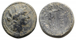 Phrygia, Synnada, 2nd-1st century BC. Æ (22mm, 8.32g, 12h). Uncertain magistrate. Turreted head of Tyche r. R/ Zeus standing l., holding thunderbolt a...