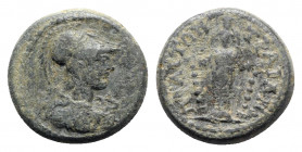 Phrygia, Trajanopolis. Pseudo-autonomous issue, time of Hadrian (117-138). Æ (17mm, 4.72g, 1h). Helmeted bust of Athena r., wearing aegis. R/ Cult sta...