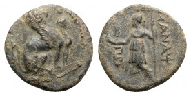 Pamphylia, Perge, c. 190-130 BC. Æ (19mm, 4.00g, 12h). Sphinx seated r., wearing kalathos. R/ Artemis standing l., holding wreath and sceptre. SNG BnF...
