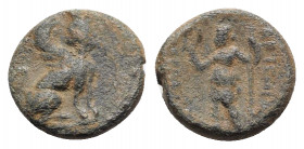 Pamphylia, Perge, c. 190-130 BC. Æ (16mm, 3.98g, 12h). Sphinx seated r., wearing kalathos. R/ Artemis standing l., holding wreath and sceptre. SNG BnF...