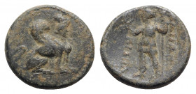 Pamphylia, Perge, c. 190-130 BC. Æ (18mm, 4.54g, 12h). Sphinx seated r., wearing kalathos. R/ Artemis standing l., holding wreath and sceptre. SNG BnF...