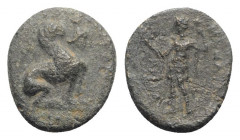 Pamphylia, Perge, c. 190-130 BC. Æ (16mm, 2.43g, 12h). Sphinx seated l., wearing kalathos. R/ Artemis standing l., holding wreath and sceptre. SNG BnF...