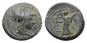 Pamphylia, Side, 2nd-1st century BC. Æ (16mm, 2.84g, 12h). Helmeted head of Athena r. R/ Nike standing l., holding wreath and palm; pomegranate to l. ...