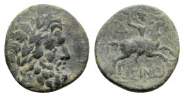 Pisidia, Isinda, 2nd-1st century BC. Æ (19mm, 4.91g, 12h), year 4. Laureate head of Zeus r. R/ Horseman galloping r., spearing serpent; Δ (date) to up...