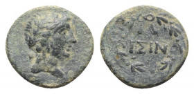 Pisidia, Isinda, 1st century BC. Æ (15mm, 1.93g, 12h). Laureate head of Apollo r. R/ ΙΣΙΝ within wreath. SNG BnF 1593-4; BMC 4. Green patina, VF