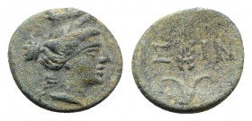 Pisidia, Isinda, late 1st century BC. Æ (14mm, 1.78g, 12h). Female bust r. R/ Barley-ear. SNG BnF 1589. Green patina, VF