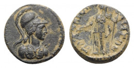 Pisidia, Palaeopolis. Pseudo-autonomous issue, time of Antoninus Pius (138-161). Æ (13.5mm, 2.11g, 6h). Helmeted bust of Athena r., wearing aegis. R/ ...