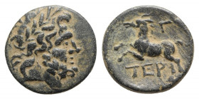 Pisidia, Termessos, 1st century BC. Æ (18mm, 4.53g, 12h), year 3. Laureate head of Zeus r. R/ Horse prancing l.; Γ above. SNG BnF 2109. Green patina, ...