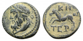 Pisidia, Termessos, 1st century BC. Æ (19mm, 4.90g, 12h). Laureate head of Zeus l. R/ Horse prancing l.; KH above. Cf. SNG Copenhagen 300 . Green pati...